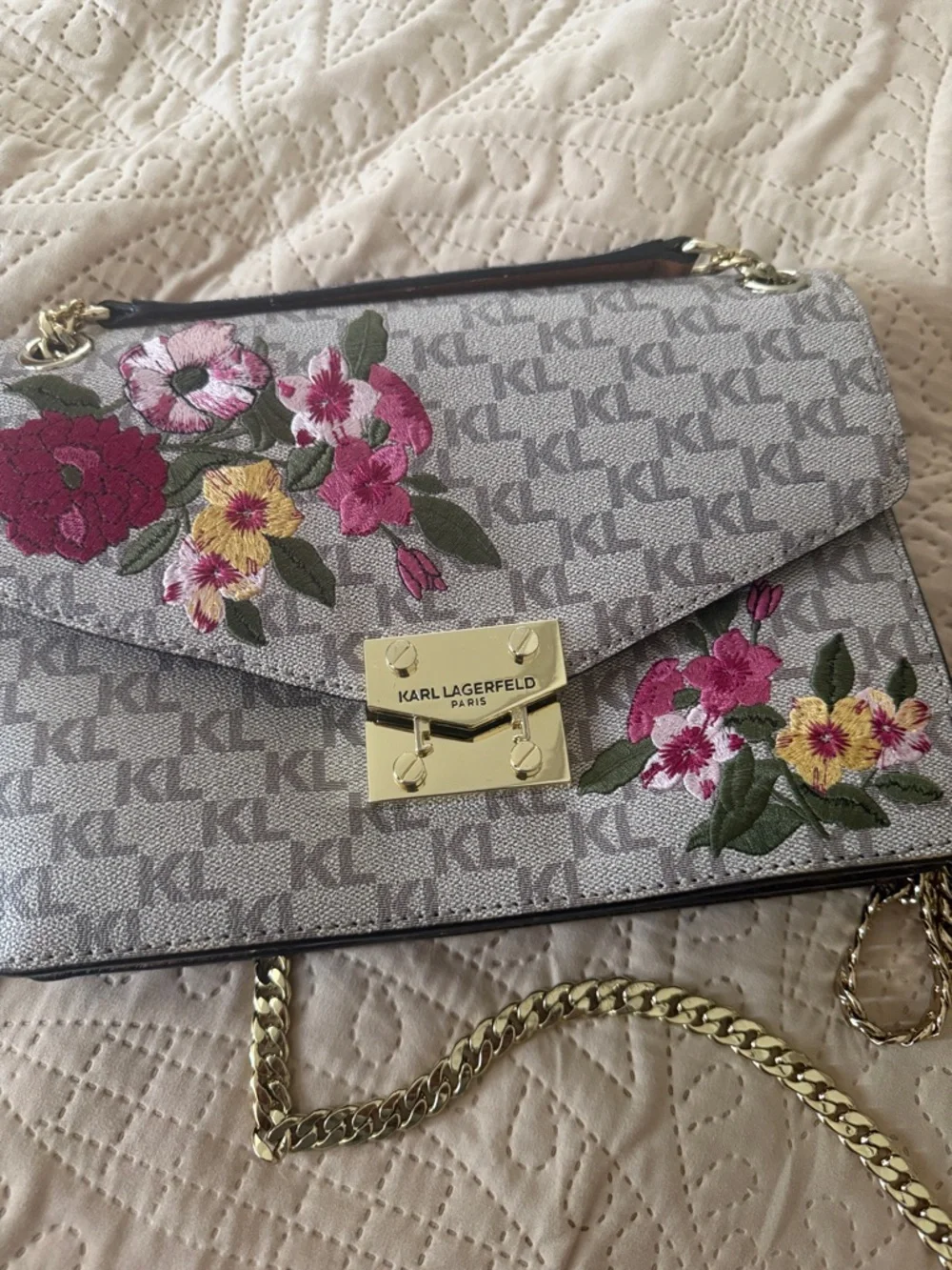 Karl Lagerfeld Gray Logo Floral Embroidered Crossbody Bag with Gold Hardware - Picture 3 of 9